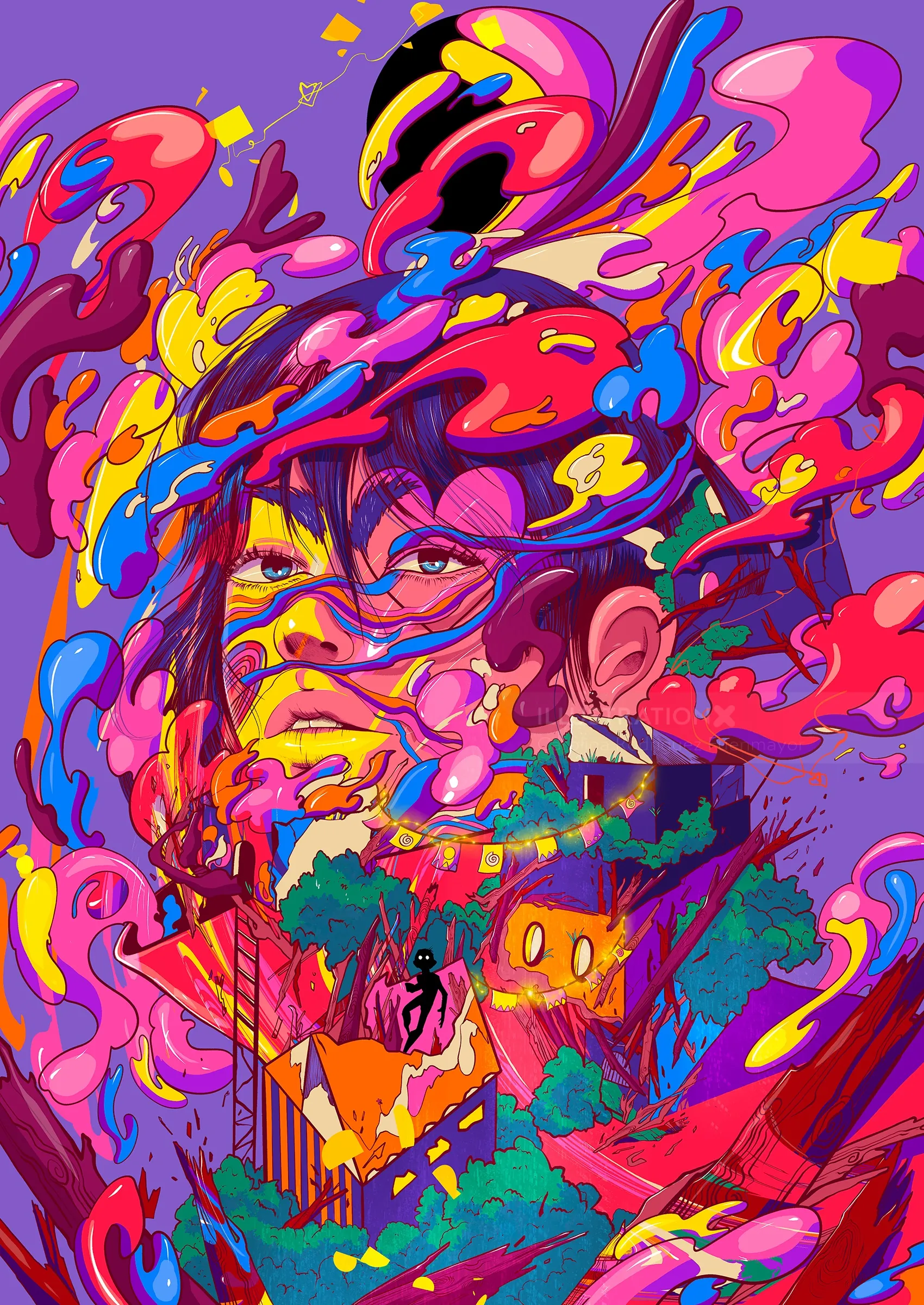 Colorful abstract portrait with swirling shapes, by Carolina Rodriguez Fuenmayor