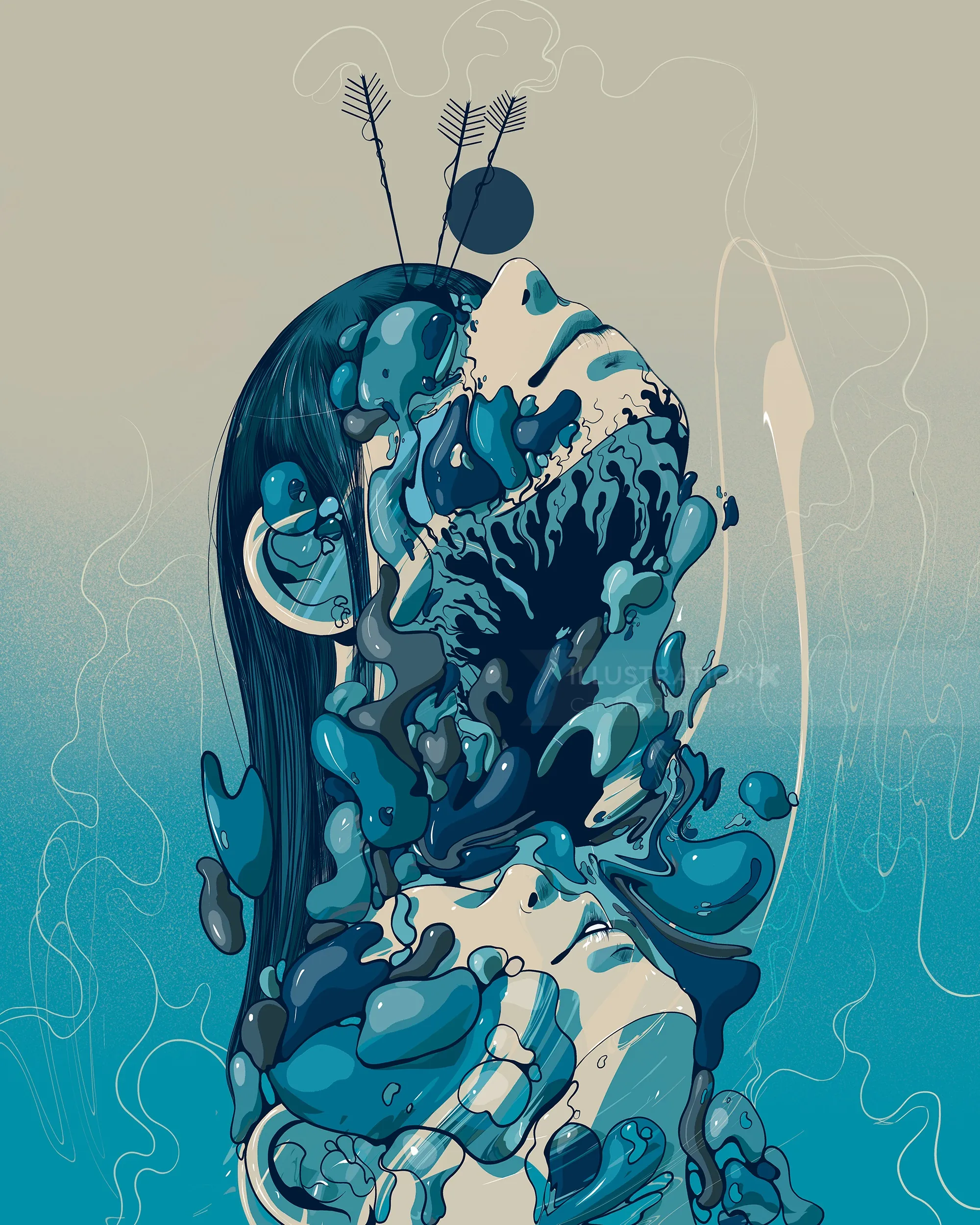 Surreal blue abstract woman portrait with flowing shapes by Carolina Rodriguez Fuenmayor