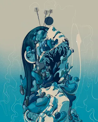 Surreal blue abstract woman portrait with flowing shapes by Carolina Rodriguez Fuenmayor