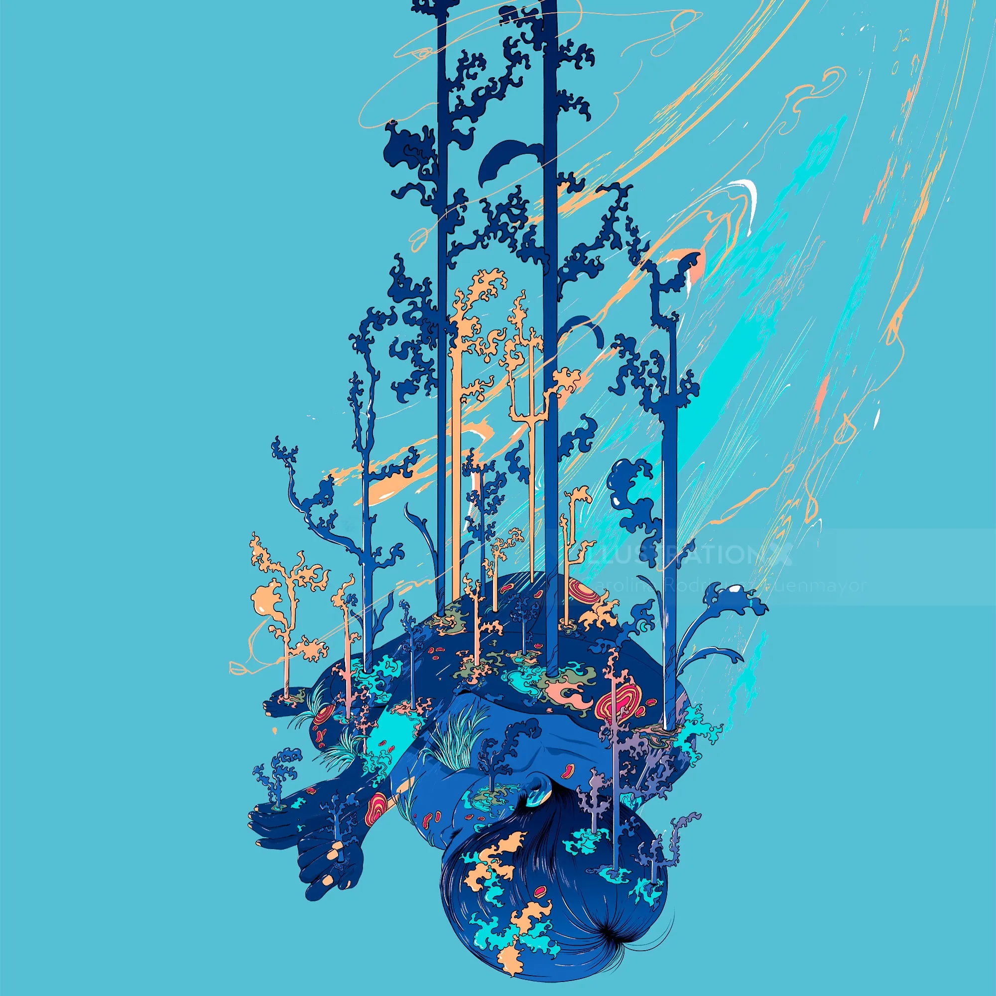 Abstract blue floral sculpture with vertical elements by Carolina Rodriguez Fuenmayor