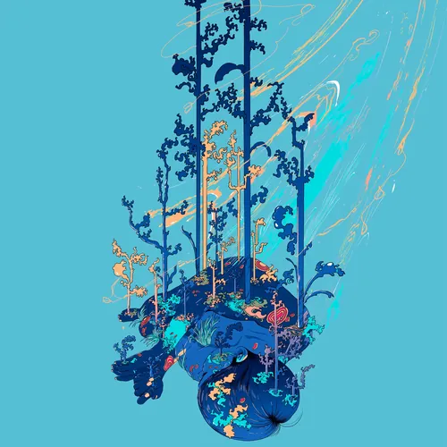 Abstract blue floral sculpture with vertical elements by Carolina Rodriguez Fuenmayor