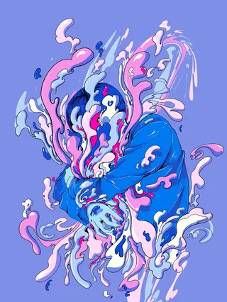 Abstract figure in blue jacket with pink and white swirling shapes by Carolina Rodriguez Fuenmayor