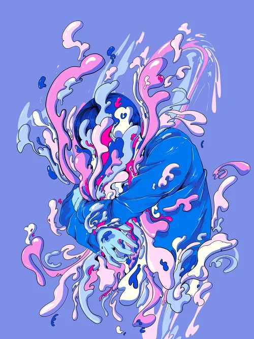 Abstract figure in blue jacket with pink and white swirling shapes by Carolina Rodriguez Fuenmayor