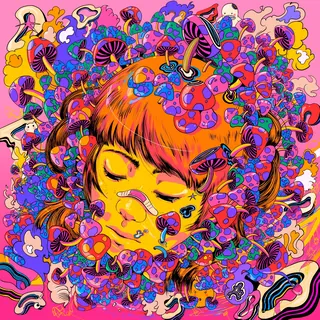 Vibrant psychedelic portrait of a girl surrounded by mushrooms by Carolina Rodriguez Fuenmayor