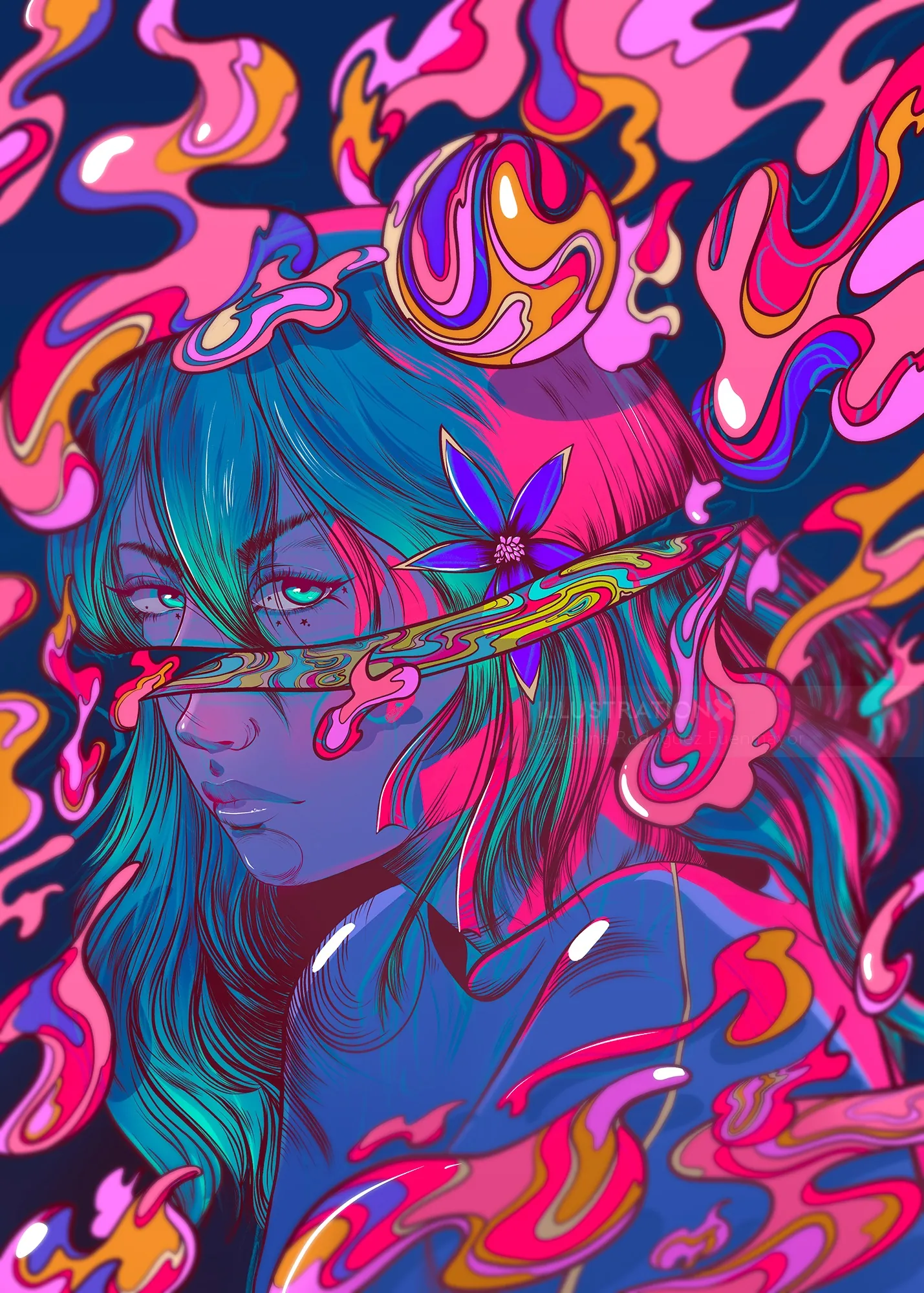 Psychedelic portrait of a woman with vibrant swirling colors by Carolina Rodriguez Fuenmayor
