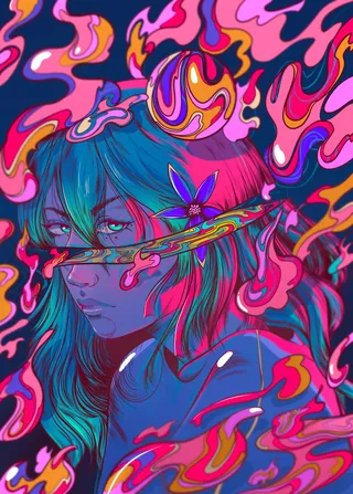 Psychedelic portrait of a woman with vibrant swirling colors by Carolina Rodriguez Fuenmayor
