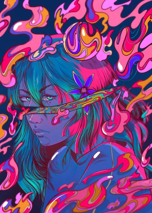 Psychedelic portrait of a woman with vibrant swirling colors by Carolina Rodriguez Fuenmayor