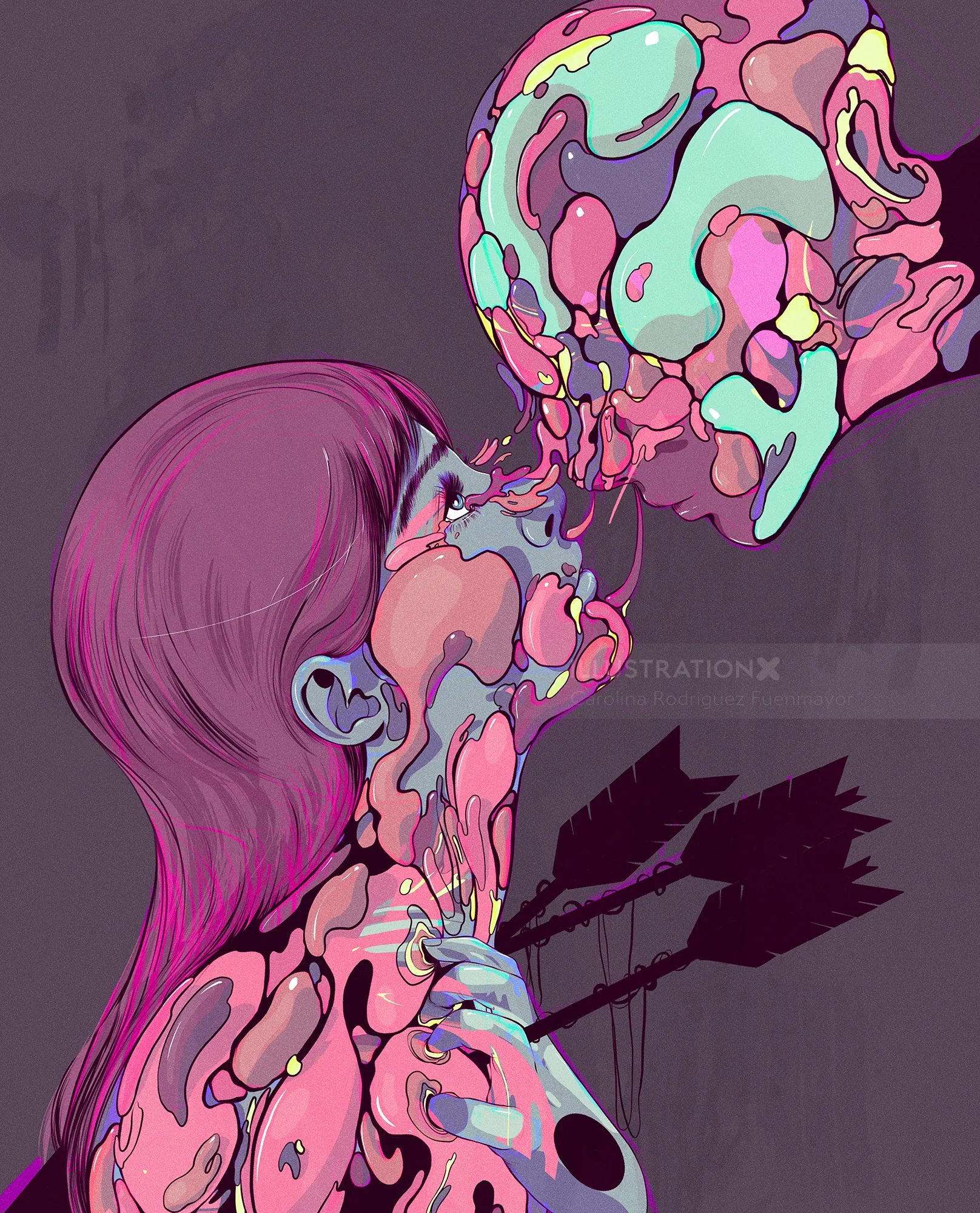 Surreal colorful abstract forms merging in a kiss by Carolina Rodriguez Fuenmayor