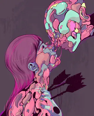 Surreal colorful abstract forms merging in a kiss by Carolina Rodriguez Fuenmayor
