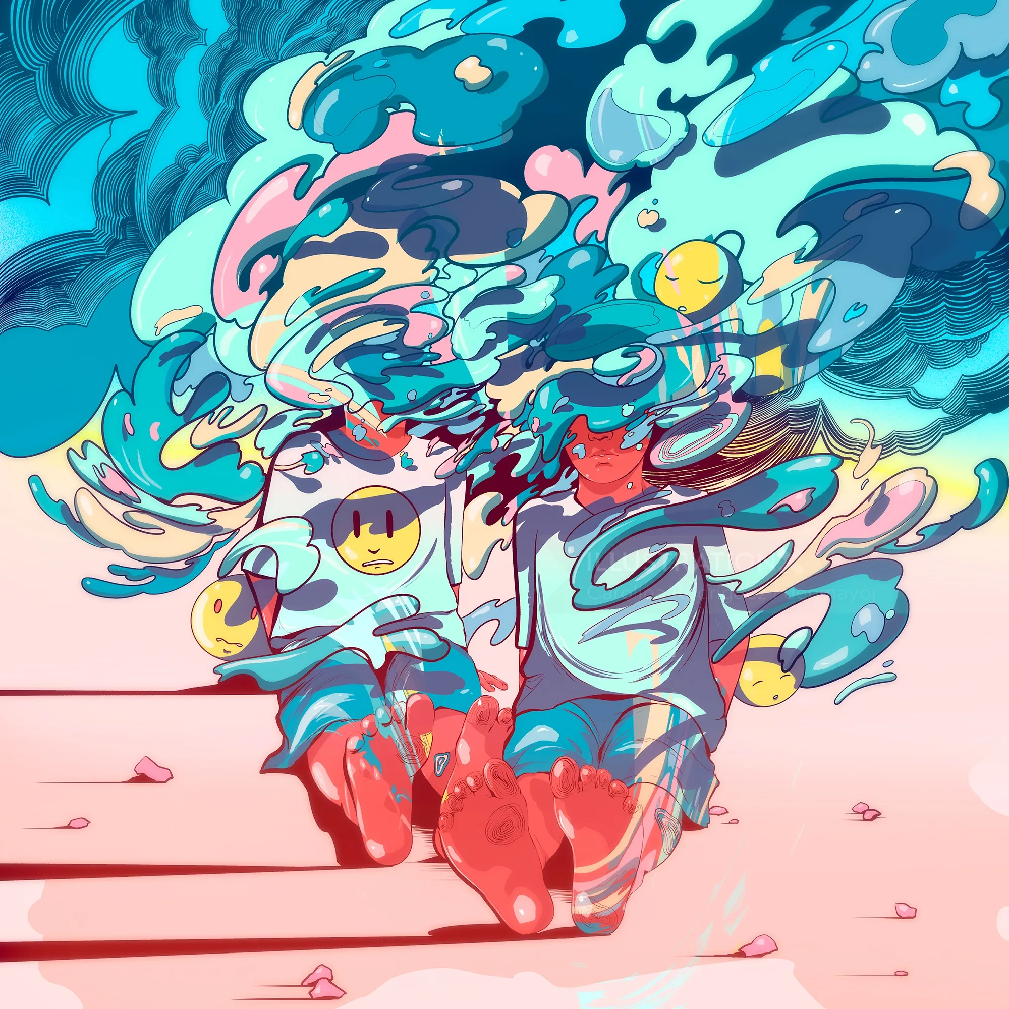 Abstract digital artwork with vibrant swirling colors and floating smiley faces by Carolina Rodrigue