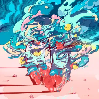 Abstract digital artwork with vibrant swirling colors and floating smiley faces by Carolina Rodrigue