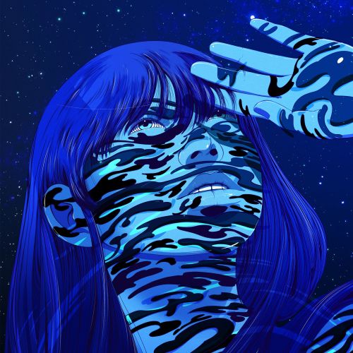 Abstract blue portrait with hand and starry sky by Carolina Rodriguez Fuenmayor