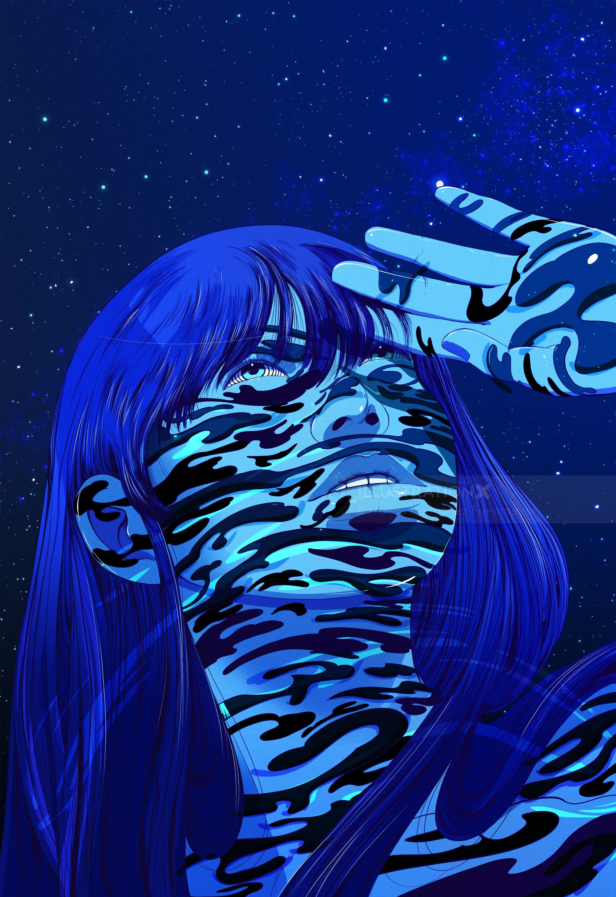 Abstract blue portrait with hand and starry sky by Carolina Rodriguez Fuenmayor