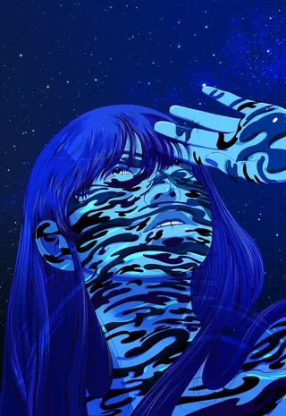 Abstract blue portrait with hand and starry sky by Carolina Rodriguez Fuenmayor