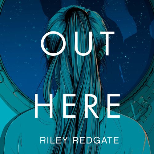 Book cover showing a woman looking out a porthole in space by Carolina Rodriguez Fuenmayor