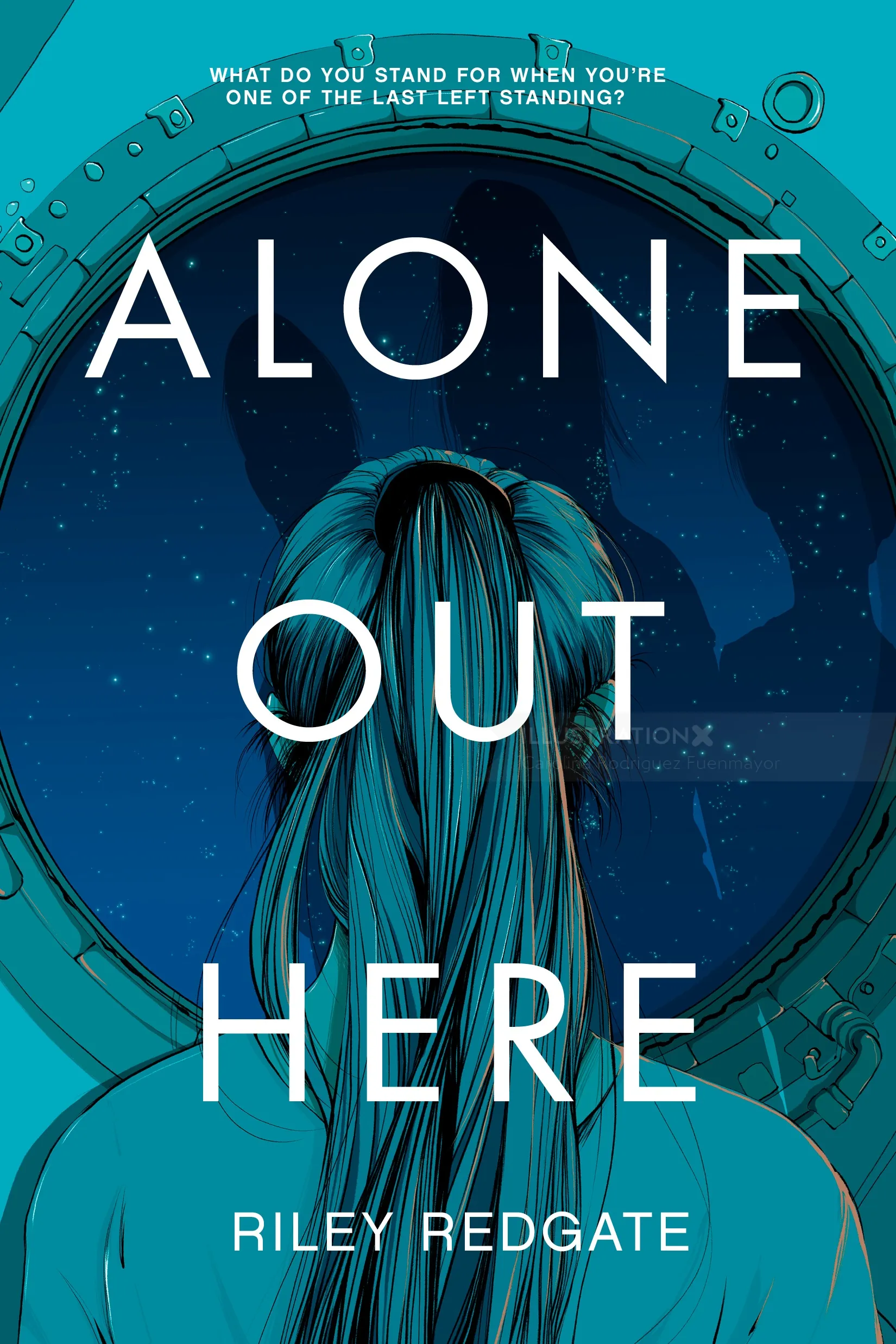 Book cover showing a woman looking out a porthole in space by Carolina Rodriguez Fuenmayor
