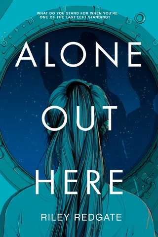 Book cover showing a woman looking out a porthole in space by Carolina Rodriguez Fuenmayor