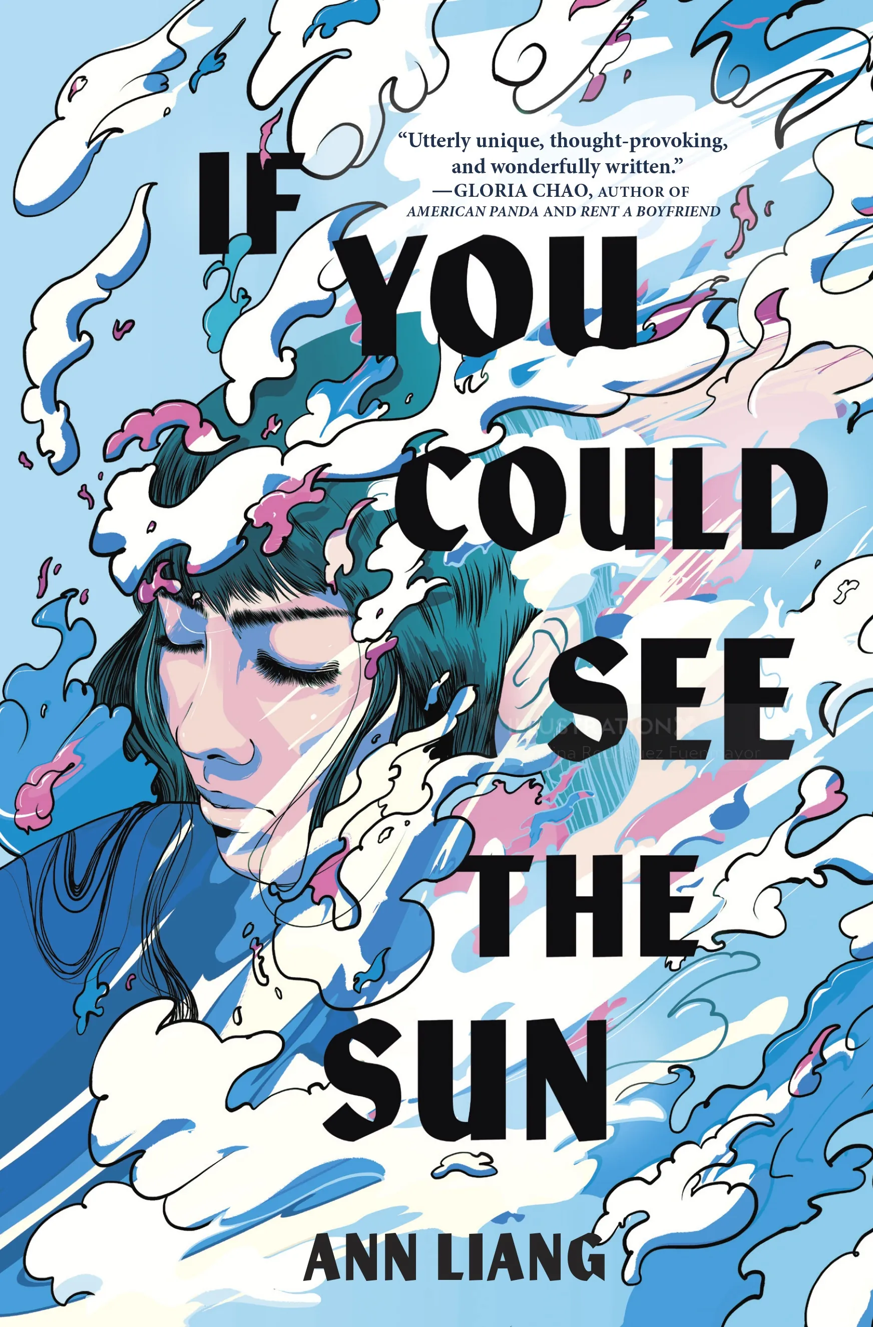 Illustration of a person surrounded by swirling clouds on book cover by Carolina Rodriguez Fuenmayor