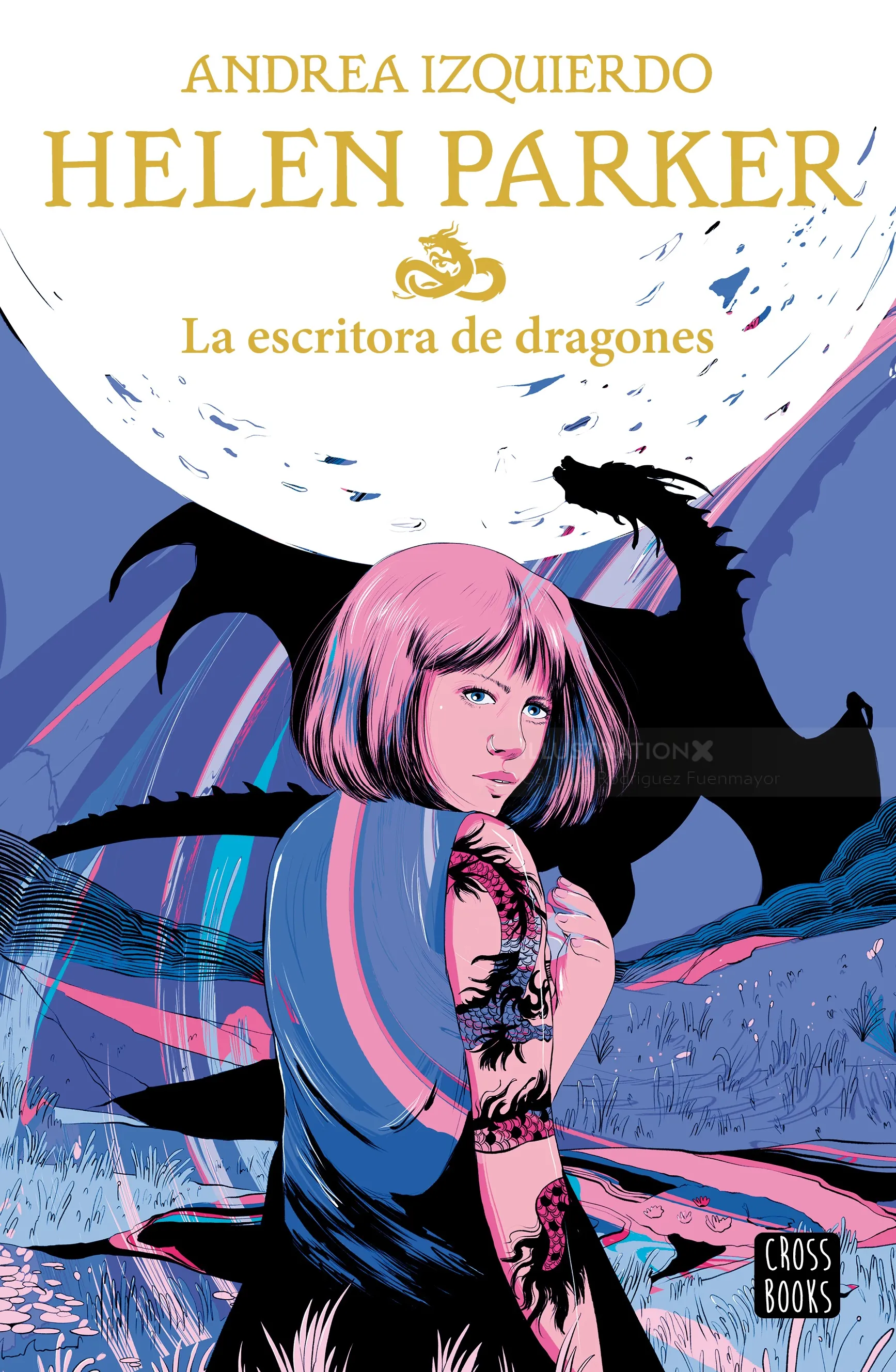 Illustration of a girl with pink hair and dragon silhouette by Carolina Rodriguez Fuenmayor