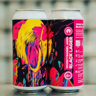 Whiskarbager Black Lager beer cans with vibrant abstract art by Carolina Rodriguez Fuenmayor