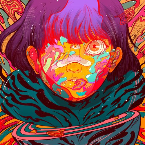 Abstract colorful portrait of a person with distorted facial features by Carolina Rodriguez Fuenmayo