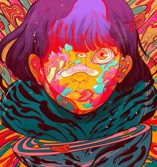 Abstract colorful portrait of a person with distorted facial features by Carolina Rodriguez Fuenmayo