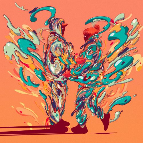 Abstract colorful figures merging with fluid shapes on orange background
