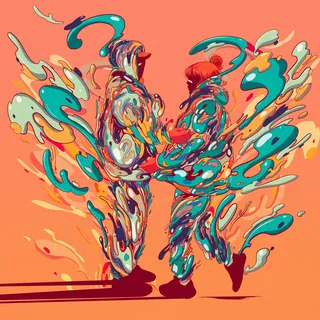 Abstract colorful figures merging with fluid shapes on orange background