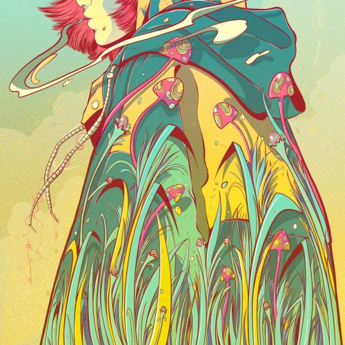 Colorful surreal illustration of person with mushroom cloak