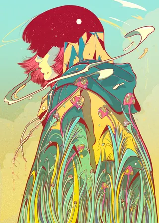 Colorful surreal illustration of person with mushroom cloak