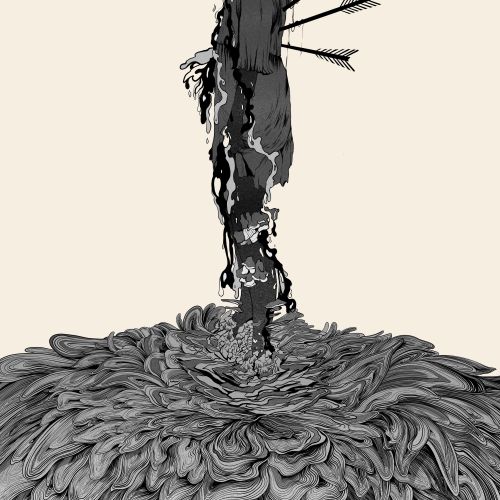 Silhouette of a person pierced by arrows standing on textured ground