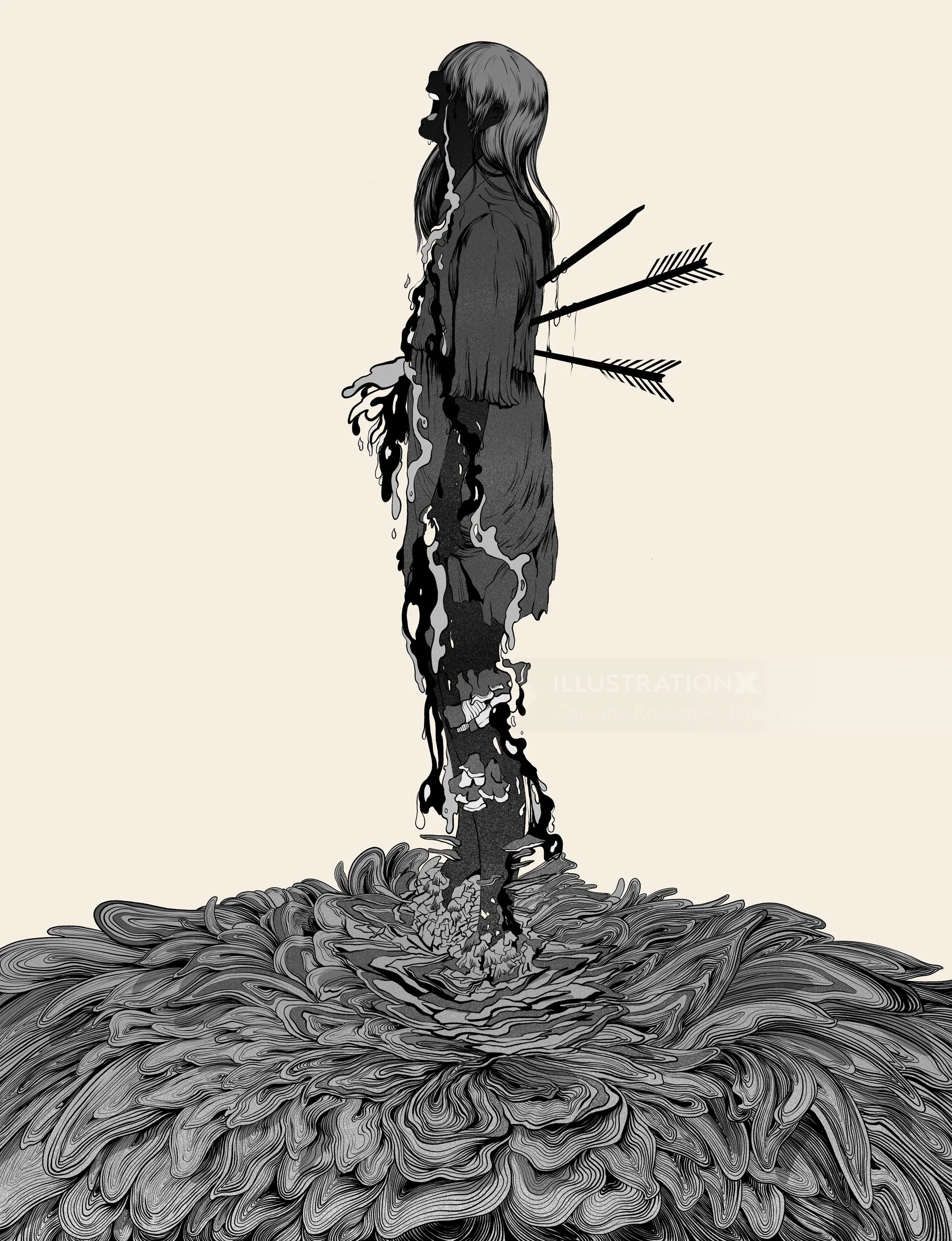 Silhouette of a person pierced by arrows standing on textured ground