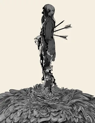 Silhouette of a person pierced by arrows standing on textured ground