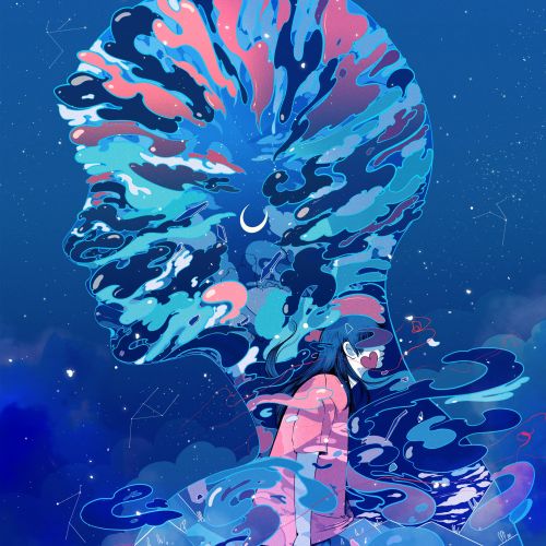Abstract profile silhouette with swirling blue and pink patterns