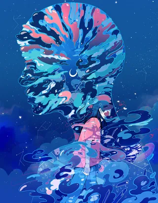 Abstract profile silhouette with swirling blue and pink patterns