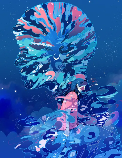 Abstract profile silhouette with swirling blue and pink patterns