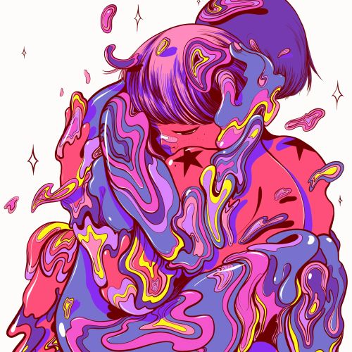 Abstract colorful figure melting in vibrant purples, pinks, and yellows