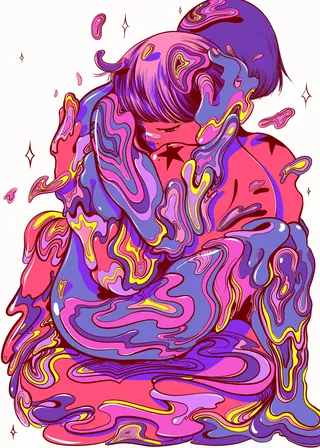 Abstract colorful figure melting in vibrant purples, pinks, and yellows