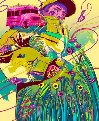 Colorful abstract illustration of person with school bus and flowers