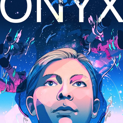 Illustration of a determined woman with space background and falling figures