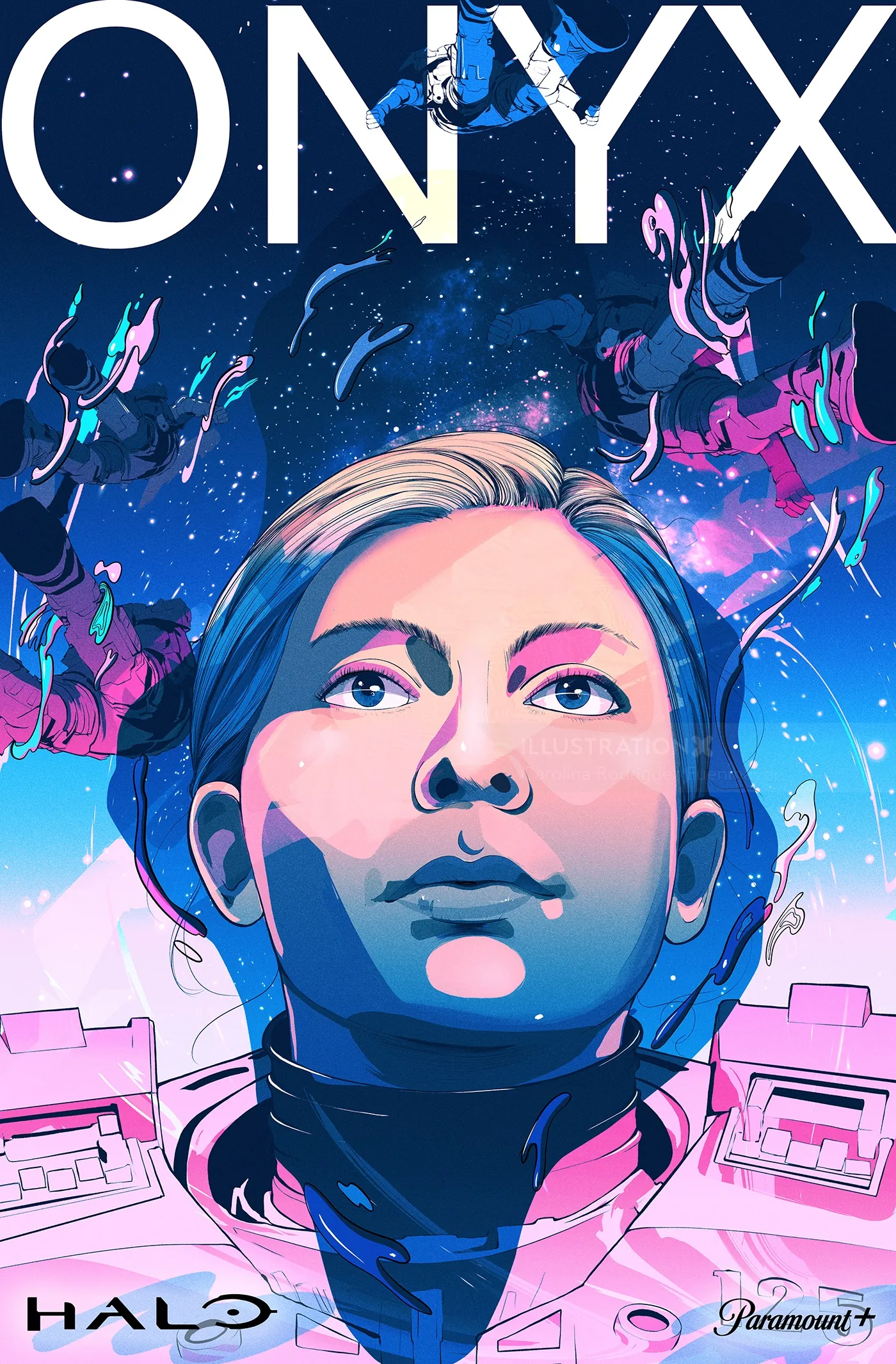 Illustration of a determined woman with space background and falling figures