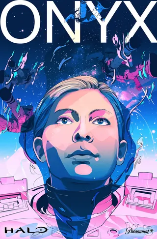 Illustration of a determined woman with space background and falling figures