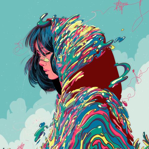 Profile of a person with colorful liquid flowing from hood in nature