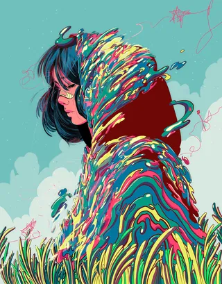 Profile of a person with colorful liquid flowing from hood in nature