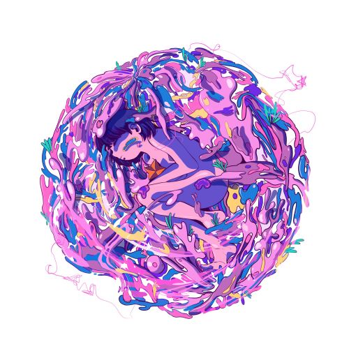 Abstract pink and purple swirling bubble with fluid shapes