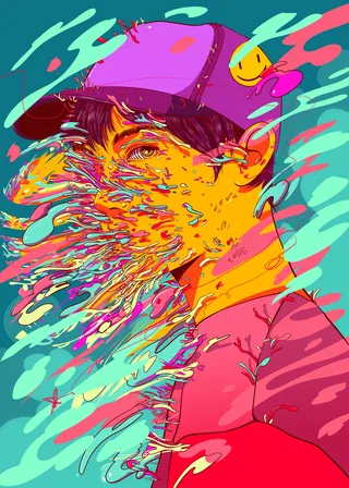 Colorful distorted portrait of a person in a pink cap with abstract streaks