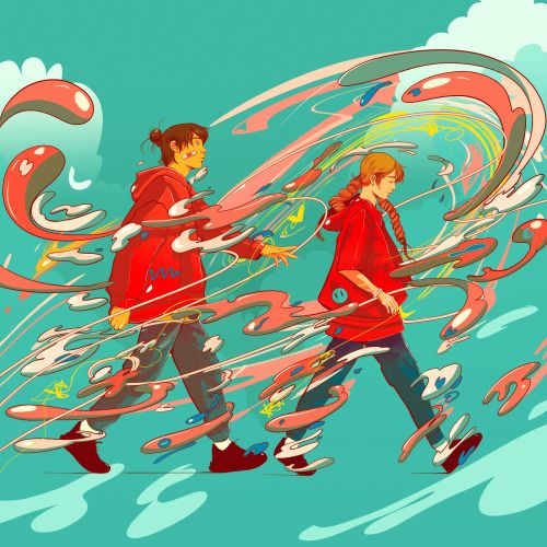 Two characters walking with swirling colorful liquid shapes around them