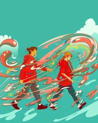 Two characters walking with swirling colorful liquid shapes around them
