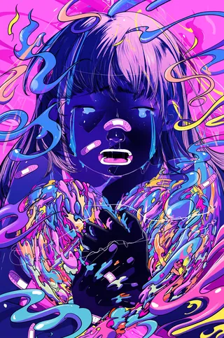 Vibrant digital art of a person surrounded by colorful swirling shapes