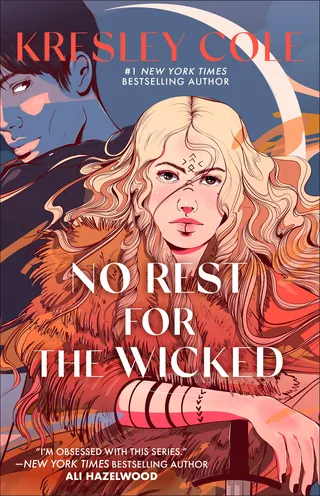 Illustration of a blonde woman with face markings and a dark figure behind her